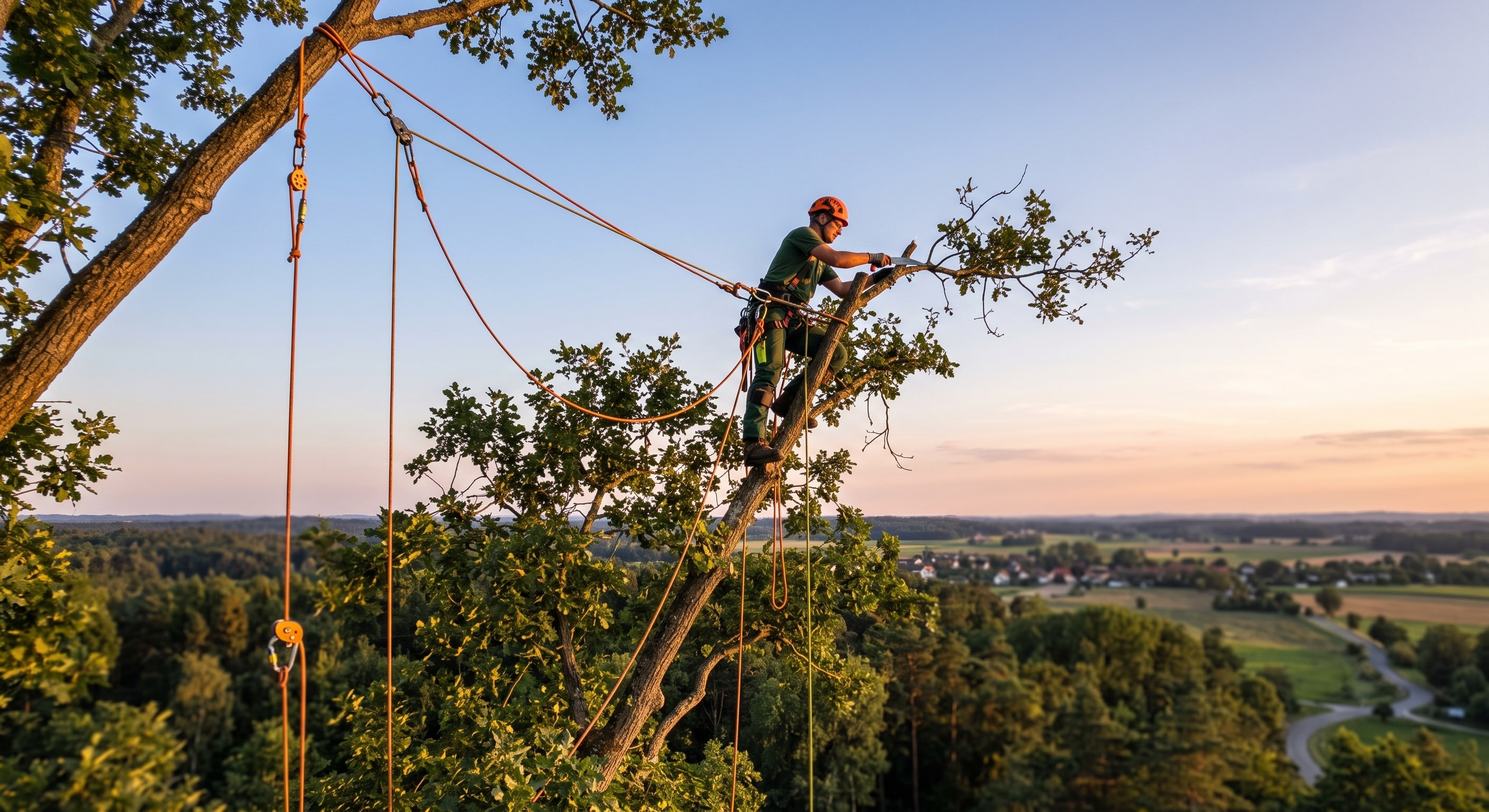 Élagage d'un grand arbre en hauteur dans la Nièvre